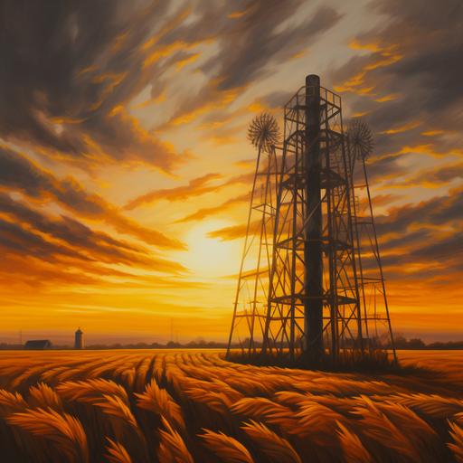 uplifting painting of metal scaffold tower with iron gargoyle at top, morning sunrise over field of wheat