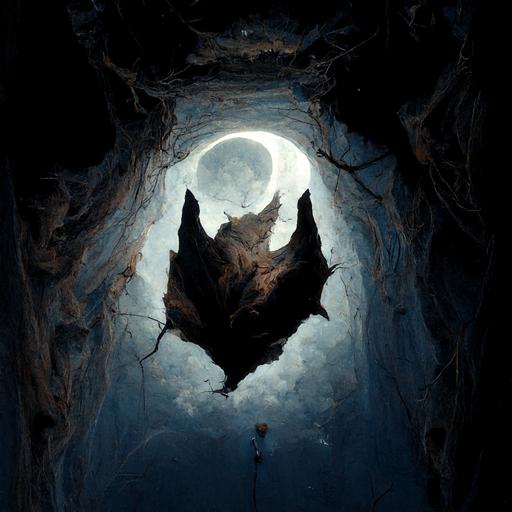 upside down bat, realistic, cave, dark, moonlight