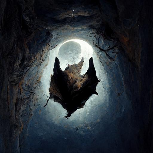 upside down bat, realistic, cave, dark, moonlight