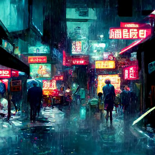 urban Hong Kong narrow streets in Ghost in the shell anime style, crowded, neon signs, rain, puddles reflecting lights