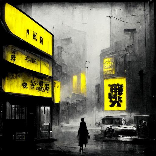 urban façade of a street with a yellow neon sign of a japanese kanji, everything else black and white, blade runner,