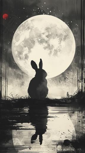 a minimalist single line sketch of a rabbit sitting in front of the full moon, asian theme, lunar festival, whimsical, broad strokes, --s 250 --ar 9:16 --v 6.0