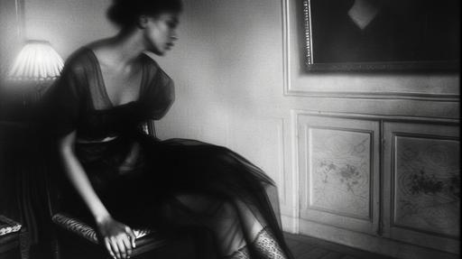 use for front shot, African American fashion model in lace stockings, black women, victorian living room, 1930, nosferatu, morning mist, fog, black and white, dark skinned women, women of color only --ar 16:9 --style raw --sref  ::2  ::2  ::5 --sw 250 --stylize 50 --v 6.0