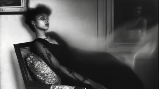 use for front shot, African American fashion model in lace stockings, black women, Nigerian women only, victorian living room, 1930, nosferatu, morning mist, fog, black and white, dark skinned women, women of color only --ar 16:9 --style raw --sref  ::2  ::2  ::5 --sw 250 --stylize 50 --v 6.0