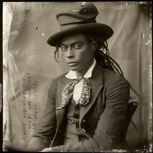 use for vintage historical image portrait of black African American transgender in suit, hat and dreadlocks, same style, gorgeous composition --s 250
