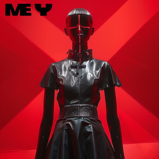use it prototype of black mannequin in leather dress, with cross on the face, with red background --v 6.0