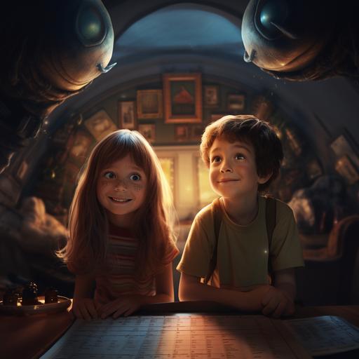 use only faces from image, photorealistic, in a cozy little house, siblings Max and Mia receive a peculiar message from an alien friend