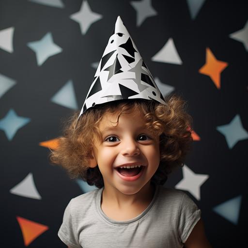 use this image as a reference and create similar images with a 10 year boy eith black hair wearing similar paper birthday hat and have a happiness expresion. make the birthday paper hat white with black shapes