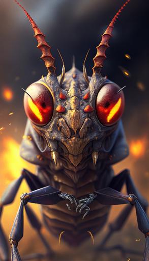 use this photo to create an image of a giant fire breathing bug with big red eyes: surreal, surrealism, realistic, HD, photo, realistic, ultra realistic, ultra detailed, cinematic, sci Fi, --ar 9:16