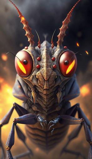 use this photo to create an image of a giant fire breathing bug with big red eyes: surreal, surrealism, realistic, HD, photo, realistic, ultra realistic, ultra detailed, cinematic, sci Fi, --ar 9:16