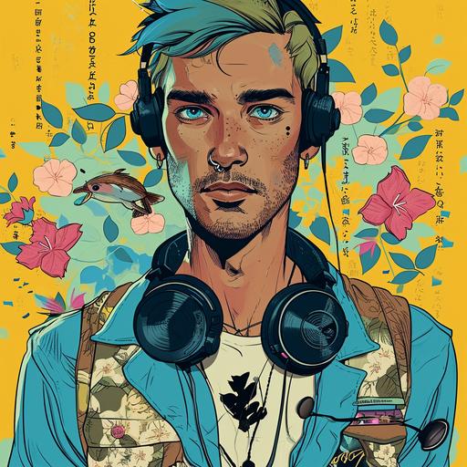 use this same style of comic book pop art by Rupert Gruber and create an attractive male with light blue eyes and a nose ring, wearing DJ headphones around his neck and a vest with pockets. Incorporate flowers in his vest pocket and botanical flowery elements around the DJ equipment. Japanese inspired elements and writing in background --v 6.0