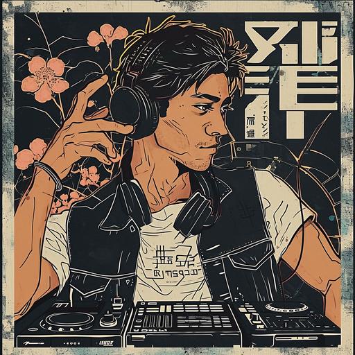 use this same style of comic book pop art by Rupert Gruber and create an attractive male DJ with light eyes wearing DJ headphones around his neck and a dystopian vest with pockets. Incorporate flowers in his vest pocket and botanical elements around the DJ equipment. Japanese inspired elements and writing in background --v 6.0