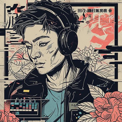 use this same style of comic book pop art by Rupert Gruber and create an attractive male DJ with light eyes wearing DJ headphones around his neck and a dystopian vest with pockets. Incorporate flowers in his vest pocket and botanical elements around the DJ equipment. Japanese inspired elements and writing in background --v 6.0