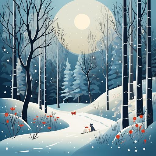 use vector art to depict a cute winter scene; a smowman is sking through the snowy woods. include birch trees. include evergreen trees. use vector art