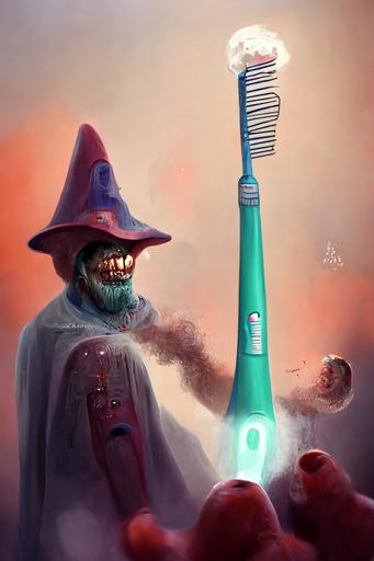 dentalmancer:: dentist wizard weilding a giant magic toothbrush --ar 2:3 --test