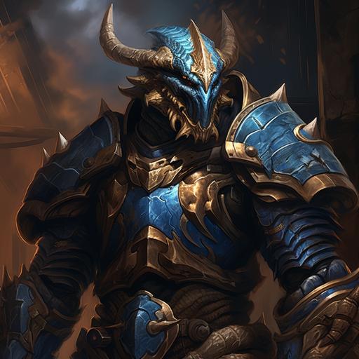 using an illustrative style, depict a bronze Dragonborn wearing blue Primeris Power Armor from Warhammer 40K, holding the helmet at his side.