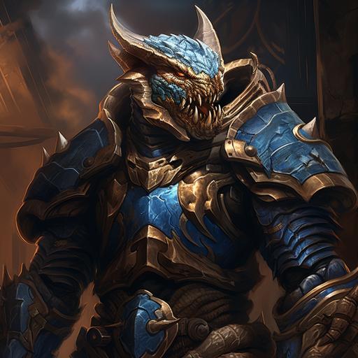 using an illustrative style, depict a bronze Dragonborn wearing blue Primeris Power Armor from Warhammer 40K, holding the helmet at his side.