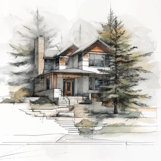 using the aesthetic style of the image, create an architectural sketch up of a small historic home in the Avenues of Salt Lake City with a green spruce and pine tree. --s 500 --style raw --v 6.0