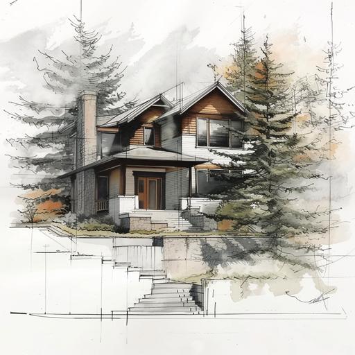 using the aesthetic style of the image, create an architectural sketch up of a small historic home in the Avenues of Salt Lake City with a green spruce and pine tree. --s 500 --style raw --v 6.0