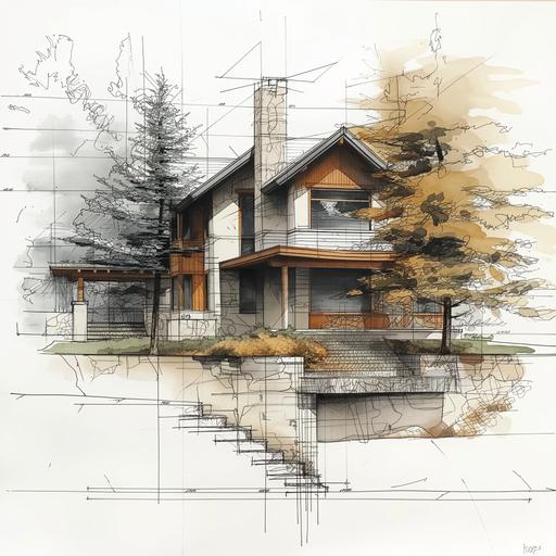 using the aesthetic style of the image, create an architectural sketch up of a small historic home in the Avenues of Salt Lake City with a green spruce and pine tree. --s 500 --style raw --v 6.0