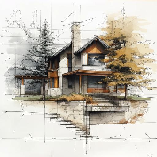 using the aesthetic style of the image, create an architectural sketch up of a small historic home in the Avenues of Salt Lake City with a green spruce and pine tree. --s 500 --style raw --v 6.0