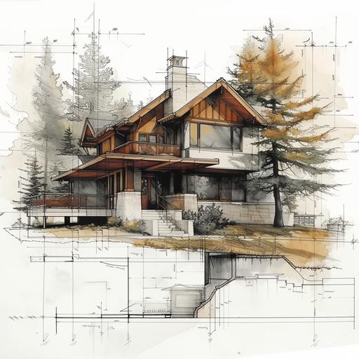 using the aesthetic style of the image, create an architectural sketch up of a small historic home in the Avenues of Salt Lake City with a green spruce and pine tree. --s 500 --style raw --v 6.0