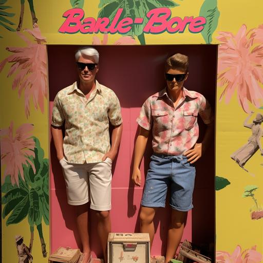 using these exact faces in the photo, with just 2 ken dolls inside the box dressed for the beach in barbiecore vintage post-'70s ego generation, photographically detailed portraitures, blink-and-you-miss-it detail, 2 gay men, colour materiality