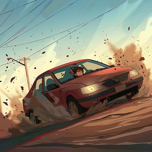 using this art style create a modern cartoon. Scene: The car speeds away, leaving behind a trail of dust and the injured pedestrian on the ground. Description: The car hastily accelerates, leaving behind a cloud of dust, while the injured pedestrian lies on the ground, abandoned and in need of help. similar to this