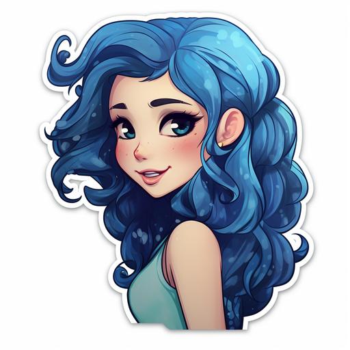 ute blue hair girl sticker, cartoon style, without white border
