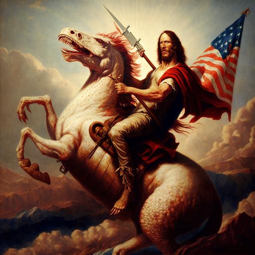 a photograph of Jesus Christ riding a dinosaur with guns and american flag, hyper realistic, intense lighting, pterodactyls,