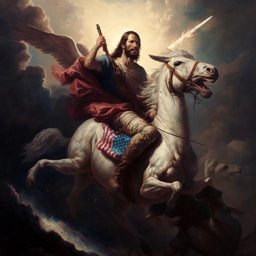 a photograph of Jesus Christ riding a dinosaur with guns and american flag, hyper realistic, intense lighting, pterodactyls,