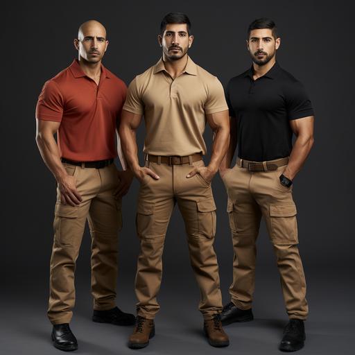 full length Portrait of 3 standing latin men wearing collared red polo shirts and tan BDU cargo pants and light tan combat boots. High-resolution, clean background, shot with Nikon D850 in 8k quality.