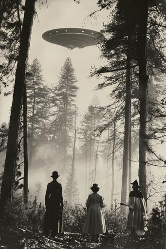 v6 coniferous | by mierlu::0 stressful footage of a 1800’s freaky family in a United States coniferous forest with some scary animals and nuclear explosion away in the sky, photographed by man ray --ar 2:3 --v 6.0