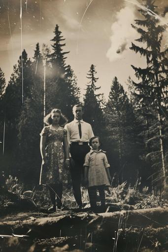 v6 coniferous | by mierlu::0 stressful footage of a 1800’s freaky family in a United States coniferous forest with some scary animals and nuclear explosion away in the sky, photographed by man ray --ar 2:3 --v 6.0 --style raw