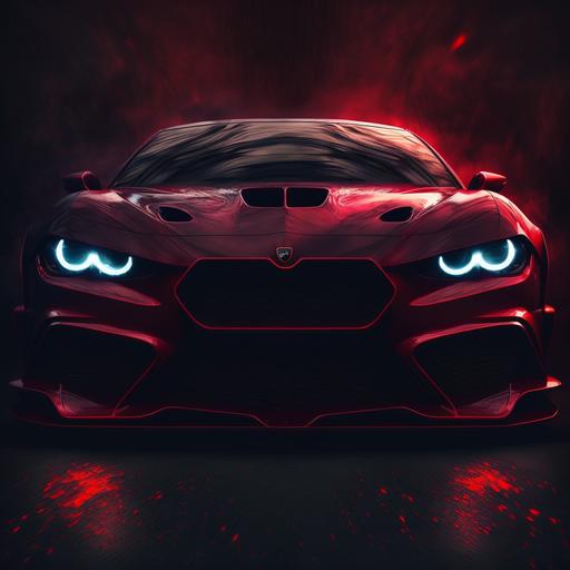 shiny red sports car, demon eyes, shadowy