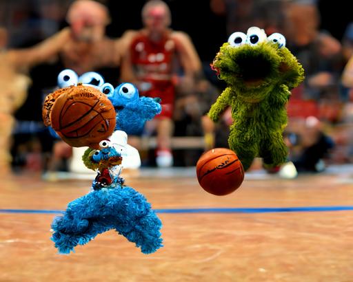muppet all star basketball game, high perspective, basketball action, cookie monster doing slam dunk --ar 4:3