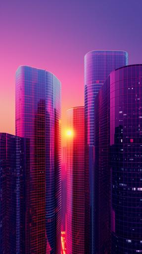 a futuristic 3D NFT art object with office towers, style it hyper realistic modern aesthetic in a neon Colorful coral purple and navy, blank backgrounds, --ar 9:16 --v 6.0 --s 250