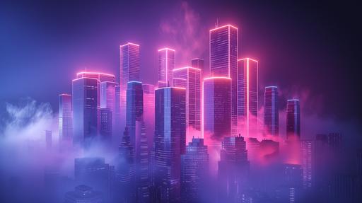 a futuristic 3D NFT art object with office towers, style it hyper realistic modern aesthetic in a neon Colorful coral purple and navy, blank backgrounds, --ar 16:9 --v 6.0 --s 250