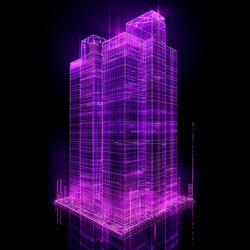 a futuristic 3D NFT art of a logo element that represents modern office tower, in a purple neon Wireframe Modeling use a black background --v 6.0 --s 250