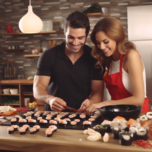 valentines day cooking couples cooking class sushi, hyperrealistic, 4k v-5