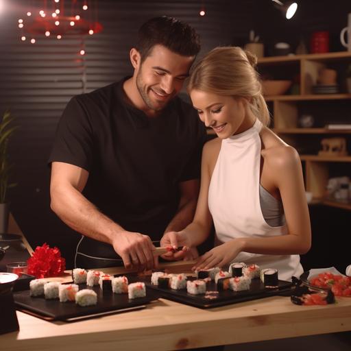 valentines day cooking couples cooking class sushi, hyperrealistic, 4k v-5