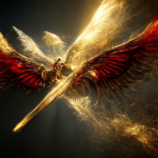 valkyrie on pegasus at war, glorious, light beam, hyper realistic, red and gold, 4k, wallpaper for pc