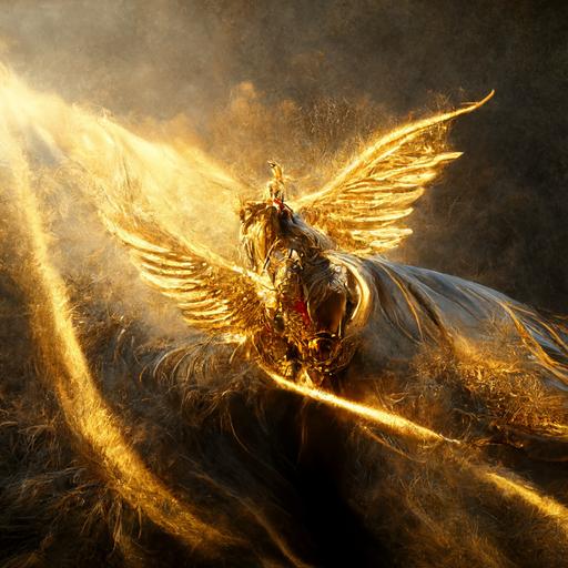 valkyrie on pegasus at war, glorious, light beam, hyper realistic, red and gold, 4k, wallpaper for pc