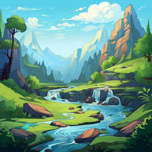 valley background, small waterfall, cartoon style