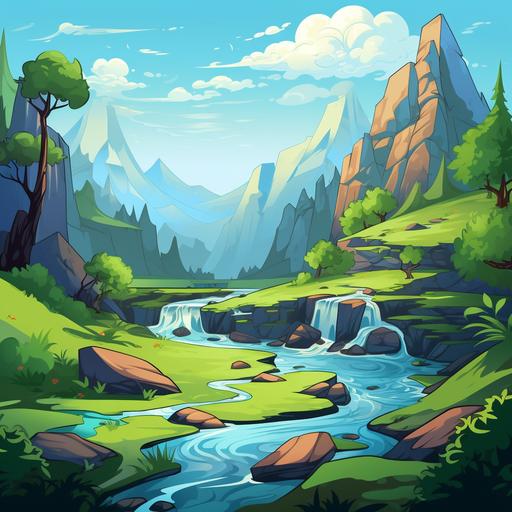 valley background, small waterfall, cartoon style
