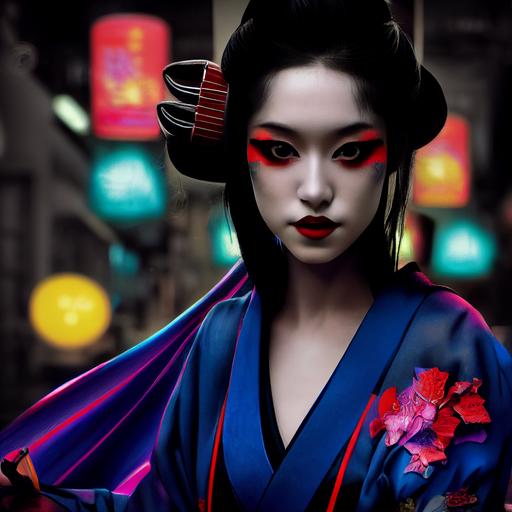 vampire geisha with a colourful umbrella, long wavy flowing hair, dark scene, noir, intricate details, ultra detailed, photorealism, photorealistic, neon background of Shibuya, cinematic lighting, volumetric lighting, 8K --test --creative --upbeta
