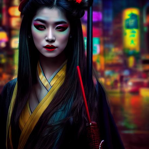 vampire geisha with a colourful umbrella, long wavy flowing hair, dark scene, noir, intricate details, ultra detailed, photorealism, photorealistic, neon background of Shibuya, cinematic lighting, volumetric lighting, 8K --test --creative --upbeta