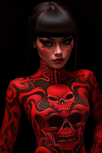 vampirella in a skin tight calavera costume, witchy, black and red latex --ar 2:3 --niji 5