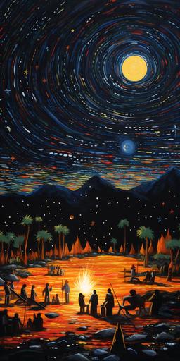 van gogh style painting of paraguayan indigenous people arete guazu ritual with starry night around a bonfire, trippy lines --ar 1:2