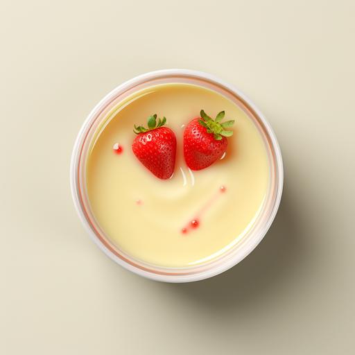 vanilla custard in bowl top shot on with strawberry topping plain background ultra realistic